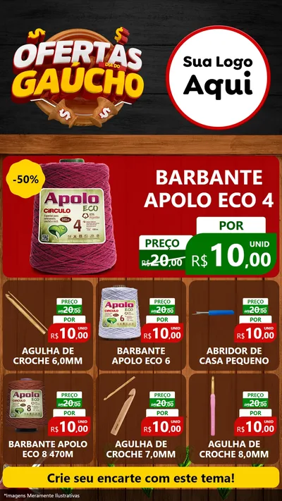 Modelo de Rede Social para Stories com o tema Ofertas Dia do Gaúcho para Armarinho e Aviamentos