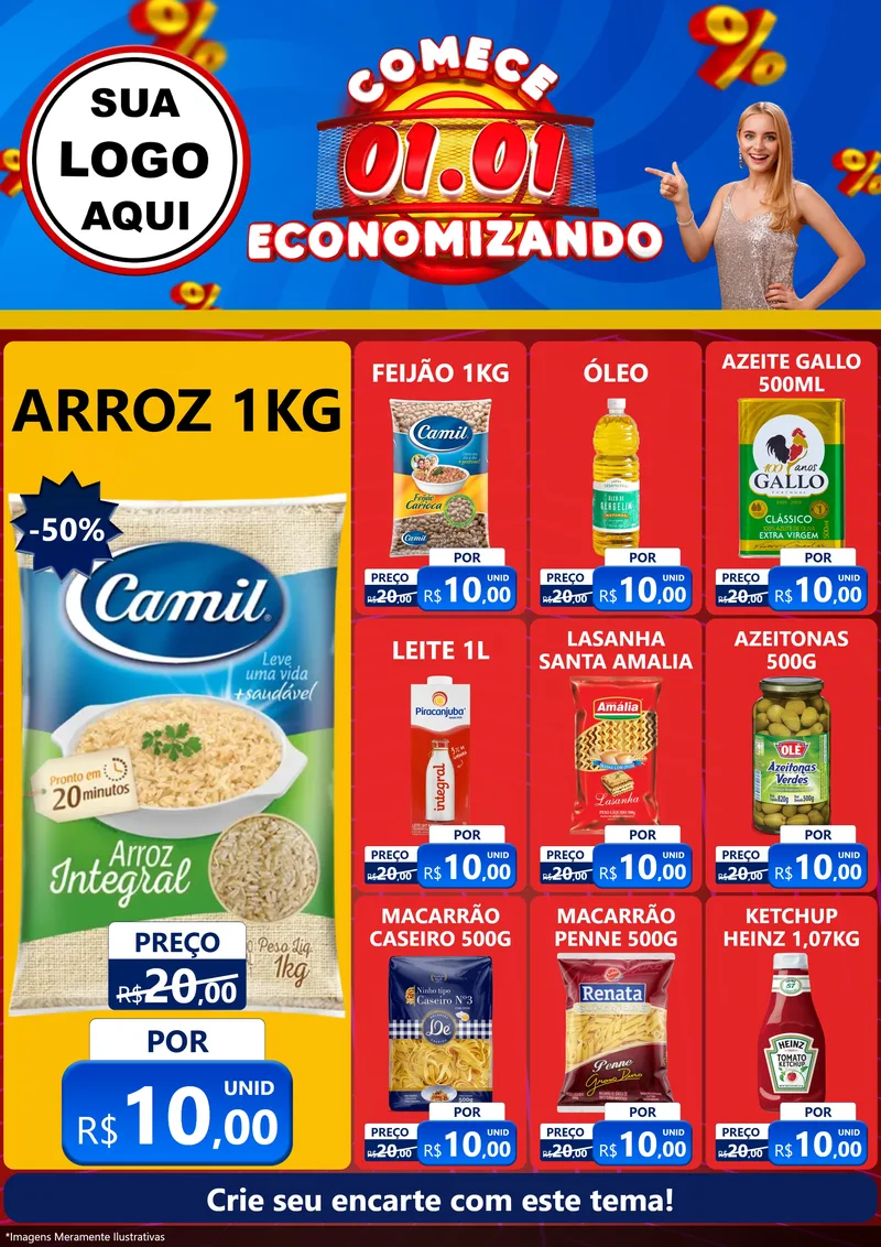 Modelo de Encarte para Encarte A4 Vertical com o tema Comece 1º de Janeiro Economizando para Supermercado