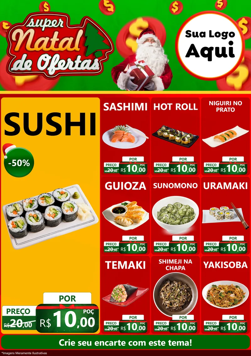 Modelo de Encarte para Encarte A4 Vertical com o tema Super Natal de Ofertas para Comida japonesa