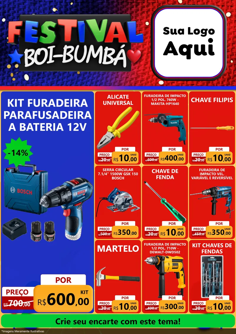 Modelo de Encarte para Encarte A4 Vertical com o tema Festival Boi-Bumbá para Maquinas e Ferramentas