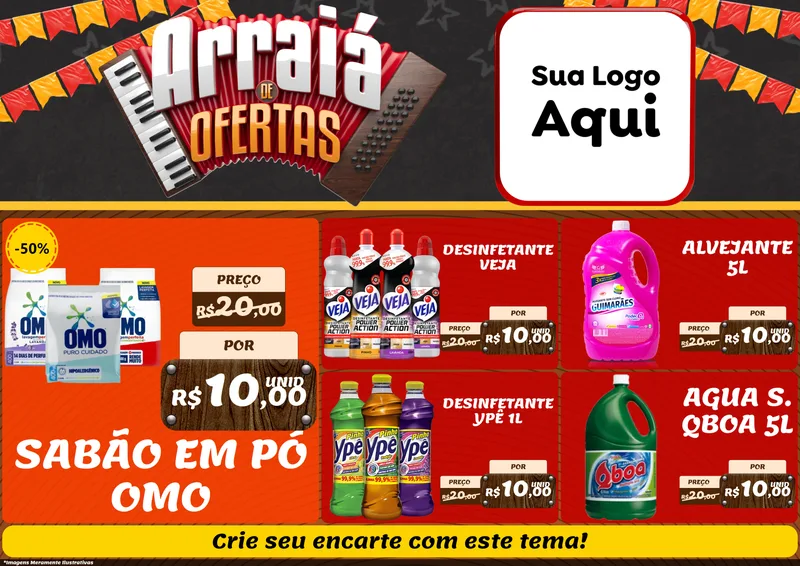 Modelo de Encarte para Encarte A4 Horizontal com o tema Arraiá de Ofertas - Junina para Produtos de Limpeza