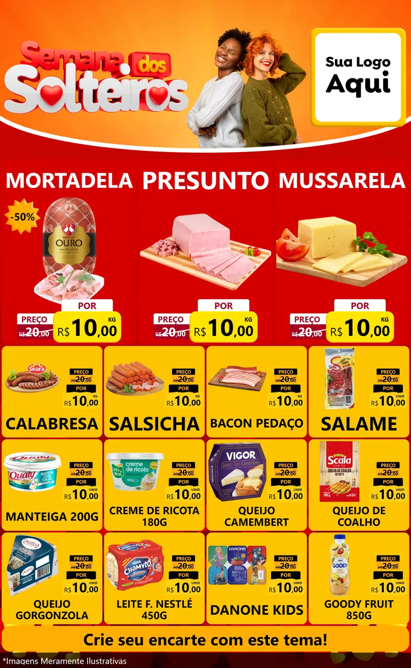 Modelo de Encarte para Encarte Grande com o tema Semana dos Solteiros para Frios e Laticínios