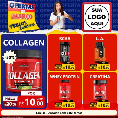 Modelo de Rede Social para Feed Facebook com o tema Ofertas de Março - Preços Incríveis para Suplementos alimentares