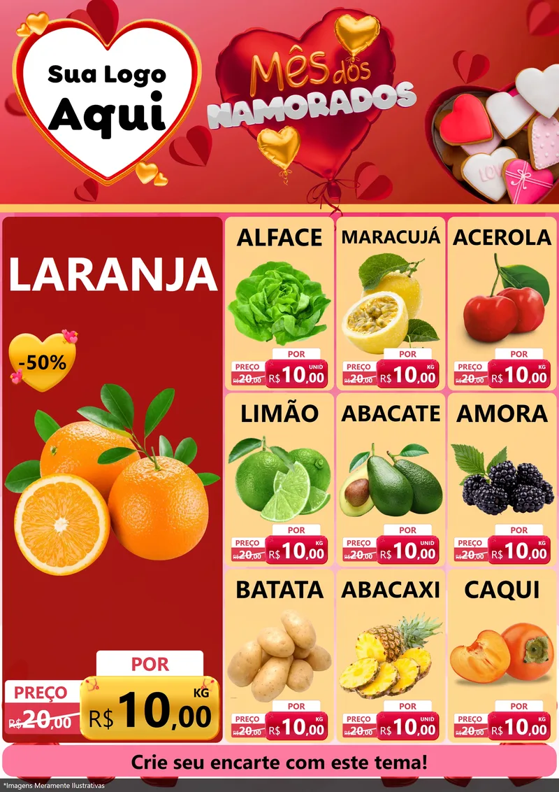 Modelo de Encarte para Encarte A4 Vertical com o tema Mês dos Namorados para Hortifrúti