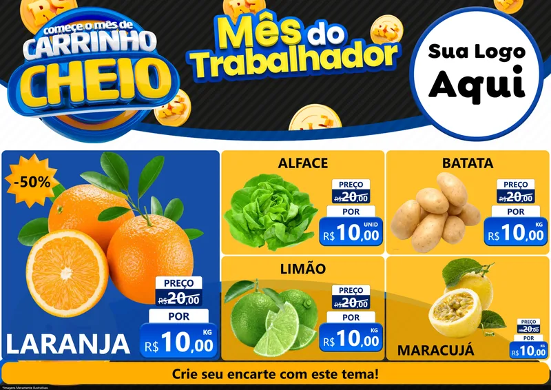 Modelo de Encarte para Encarte A4 Horizontal com o tema Comece o Mês de Carrinho Cheio para Hortifrúti