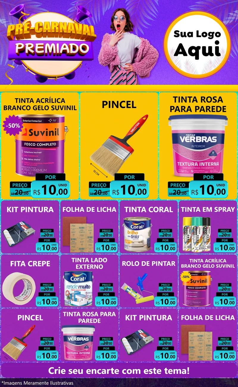 Modelo de Encarte para Encarte Grande com o tema Pré-Carnaval Premiado para Tintas e Ferramentas
