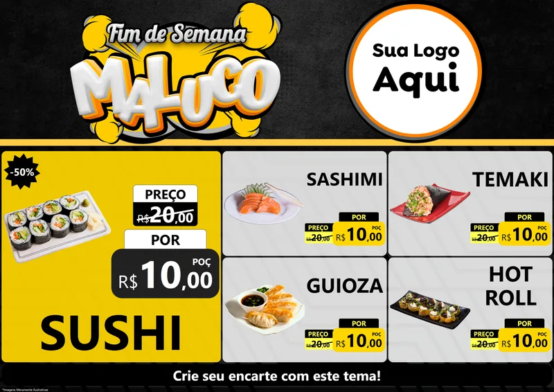 Modelo de Encarte para Encarte A4 Horizontal com o tema Fim de Semana Maluco para Comida japonesa
