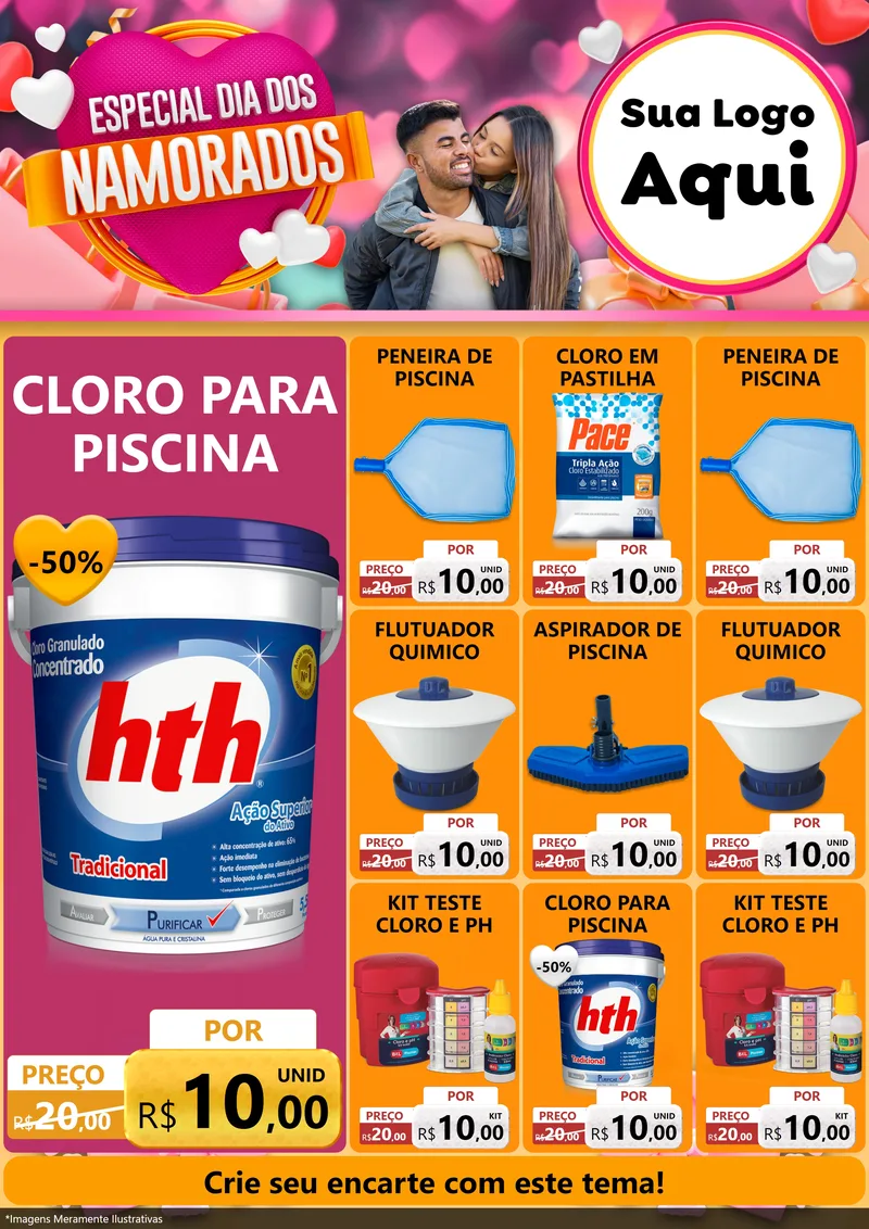 Modelo de Encarte para Encarte A4 Vertical com o tema Especial Dia dos Namorados para Produtos para Piscina