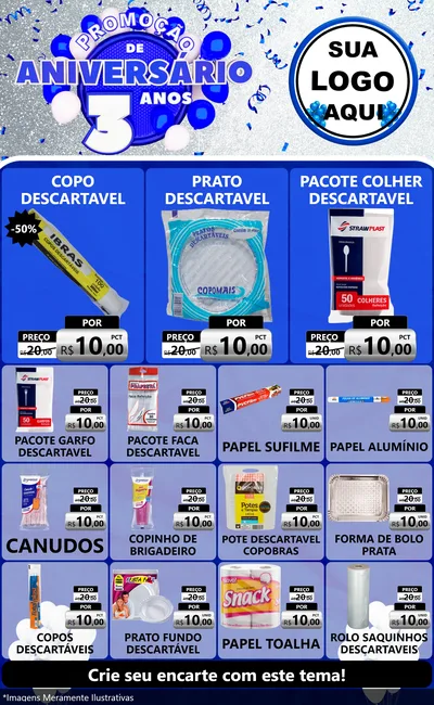 Modelo de Encarte para Encarte Grande com o tema Promoção de Aniversário - 3 Anos para Embalagens