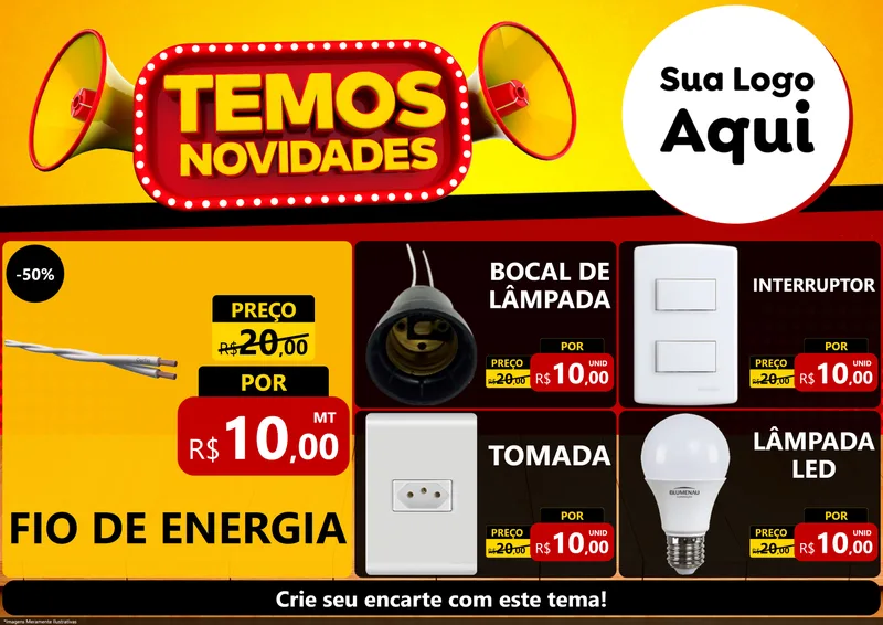 Modelo de Encarte para Encarte A4 Horizontal com o tema Temos Novidades para Materiais Elétricos