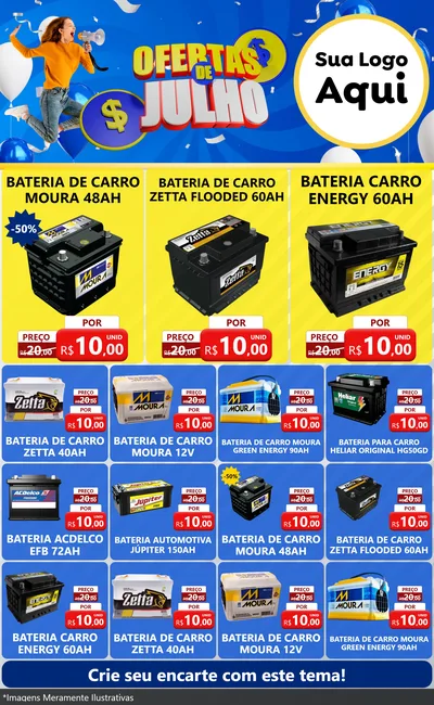 Modelo de Encarte para Encarte Grande com o tema Ofertas de Julho para Baterias Elétricas