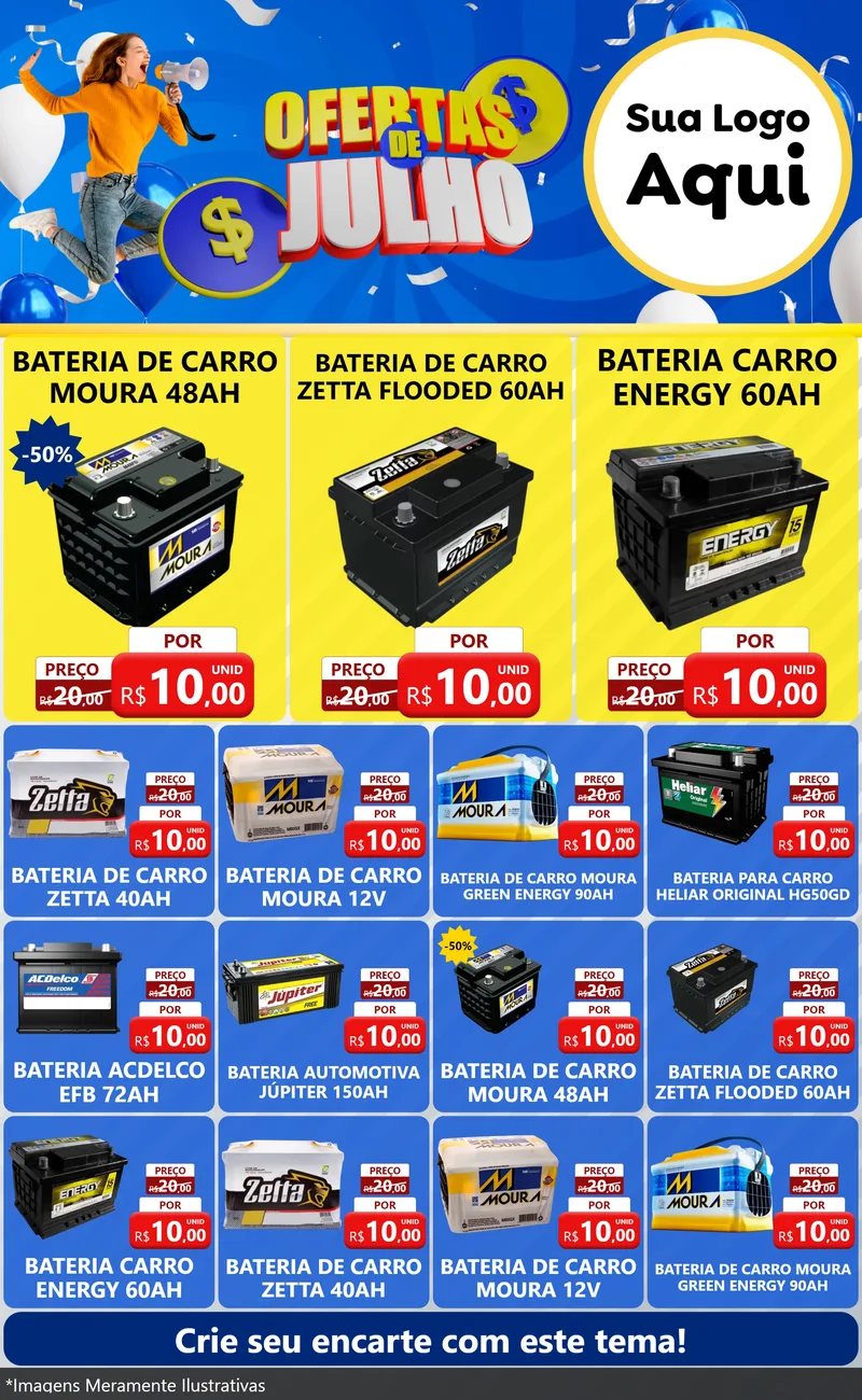 Modelo de Encarte para Encarte Grande com o tema Ofertas de Julho para Baterias Elétricas