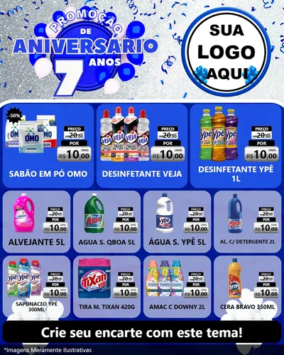 Modelo de Rede Social para Feed Instagram com o tema Promoção de Aniversário - 7 Anos para Produtos de Limpeza