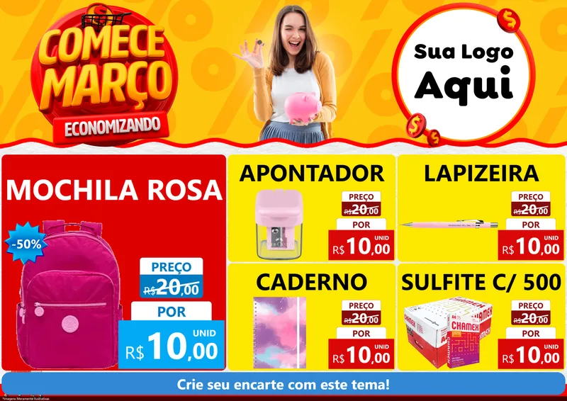 Modelo de Encarte para Encarte A4 Horizontal com o tema Comece Março Economizando para Papelaria