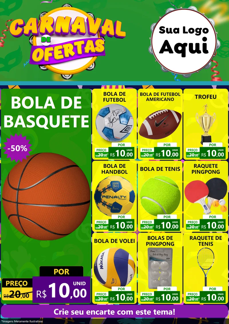 Modelo de Encarte para Encarte A4 Vertical com o tema Carnaval de Ofertas para Artigos Esportivos