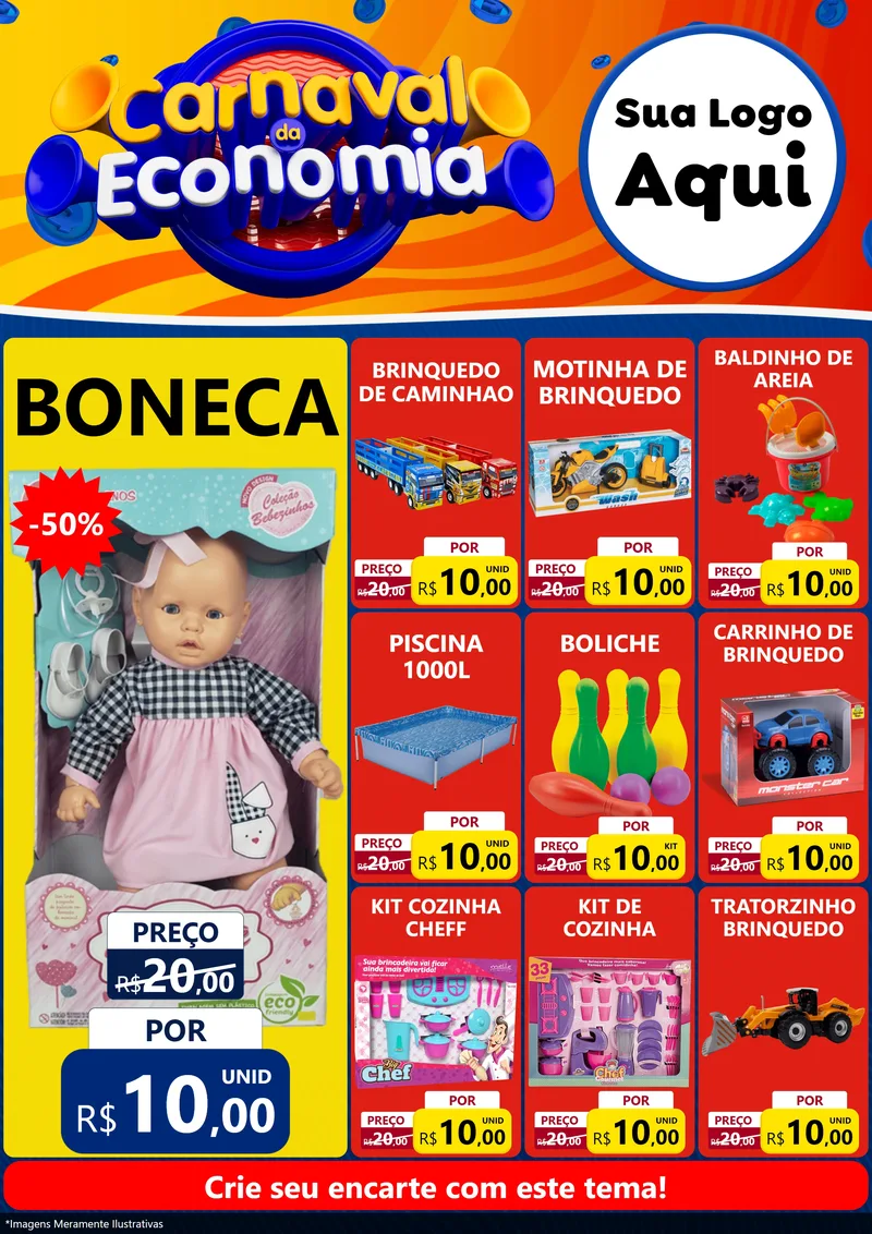 Modelo de Encarte para Encarte A4 Vertical com o tema Carnaval da Economia para Brinquedos