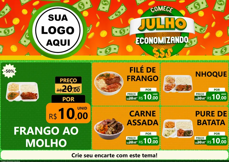 Modelo de Encarte para Encarte A4 Horizontal com o tema Comece Julho Economizando para Restaurante