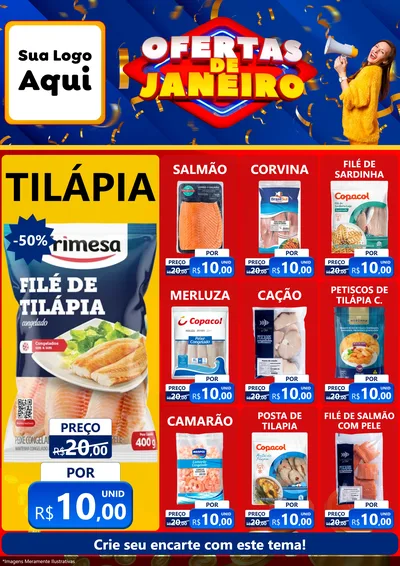 Modelo de Encarte para Encarte A4 Vertical com o tema Ofertas de Janeiro para Peixaria
