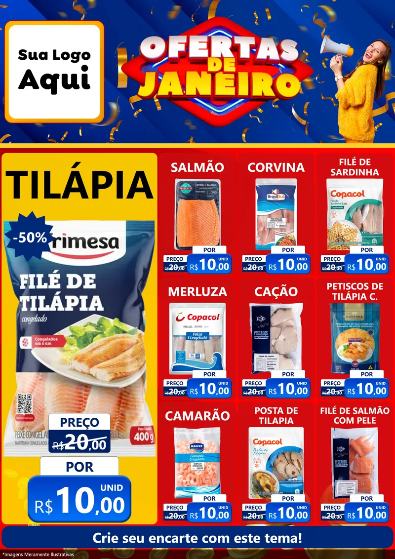 Modelo de Encarte para Encarte A4 Vertical com o tema Ofertas de Janeiro para Peixaria