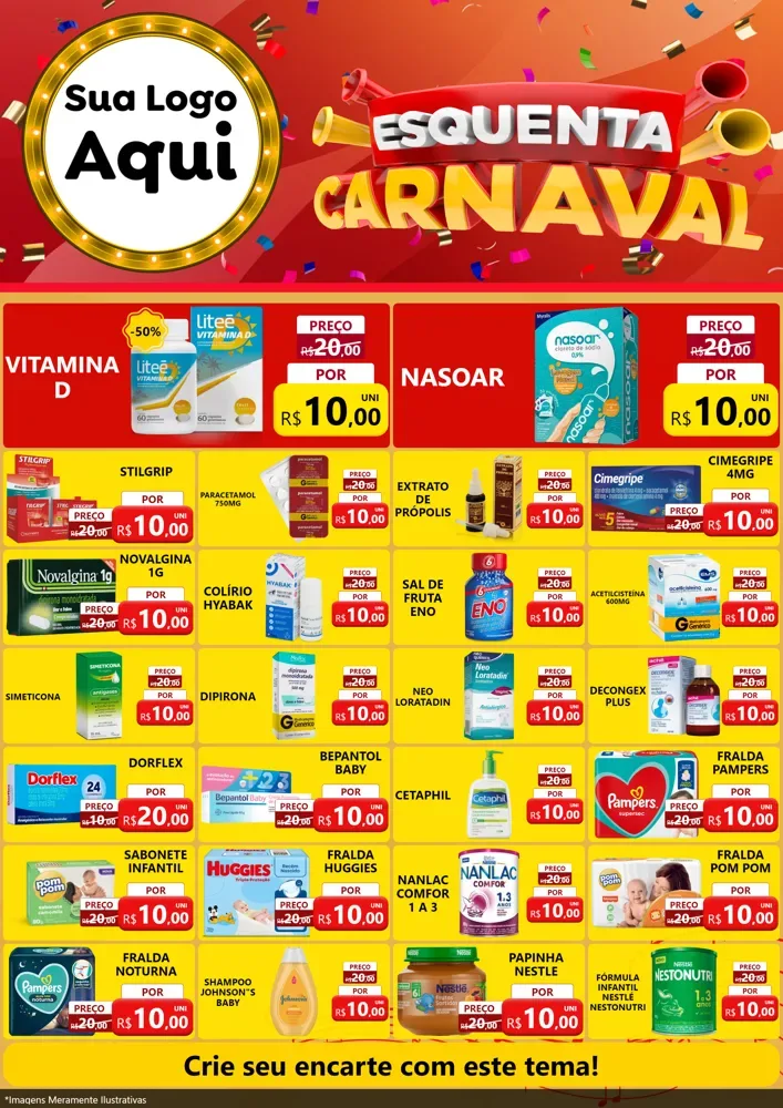 Modelo de Encarte para Encarte A4 Vertical com o tema Esquenta Carnaval para Farmácia