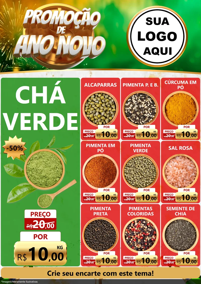 Modelo de Encarte para Encarte A4 Vertical com o tema Promoção de Ano Novo para Produtos Naturais