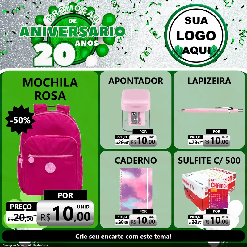Modelo de Rede Social para Feed Facebook com o tema Promoção de Aniversário - 20 Anos para Papelaria