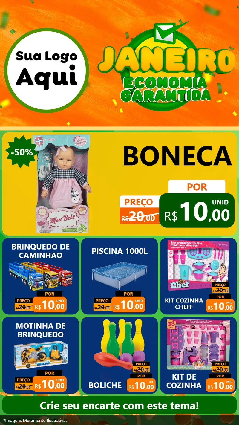 Modelo de Rede Social para Stories com o tema Janeiro - Economia Garantida para Brinquedos