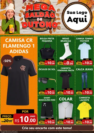 Modelo de Encarte para Encarte A4 Vertical com o tema Mega Saldão de Outono para Roupas e acessórios