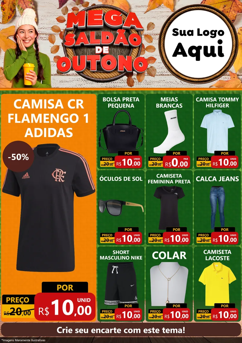 Modelo de Encarte para Encarte A4 Vertical com o tema Mega Saldão de Outono para Roupas e acessórios
