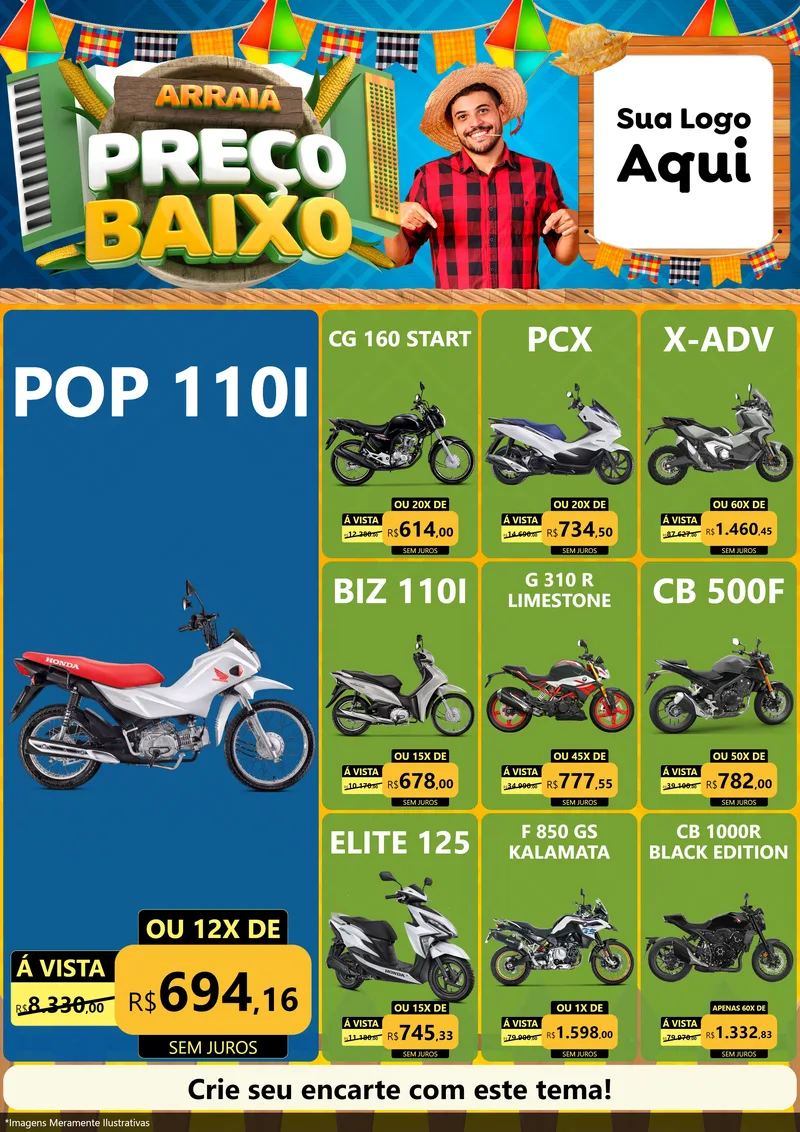 Modelo de Encarte para Encarte A4 Vertical com o tema Arraiá de Preço Baixo - Junina para Concessionaria de Motos