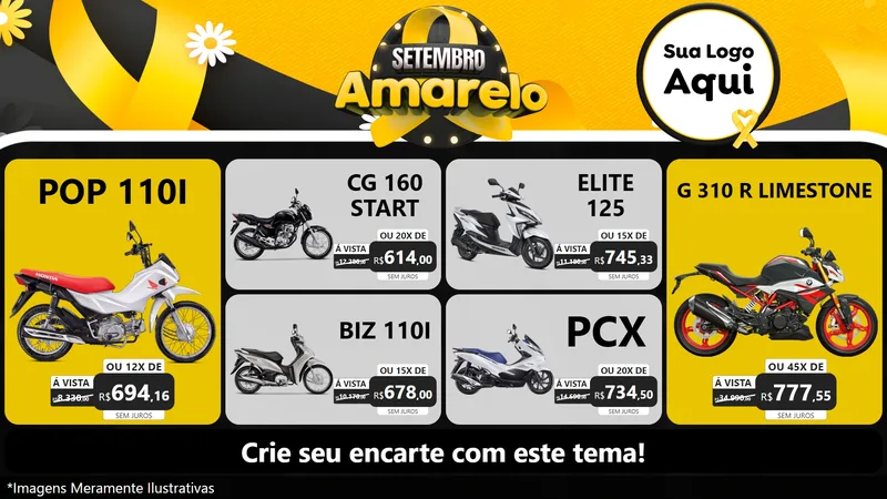 Modelo de TV para TV Horizontal com o tema Setembro Amarelo para Concessionaria de Motos