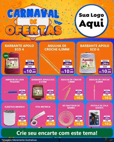Modelo de Rede Social para Feed Instagram com o tema Carnaval de Ofertas para Armarinho e Aviamentos