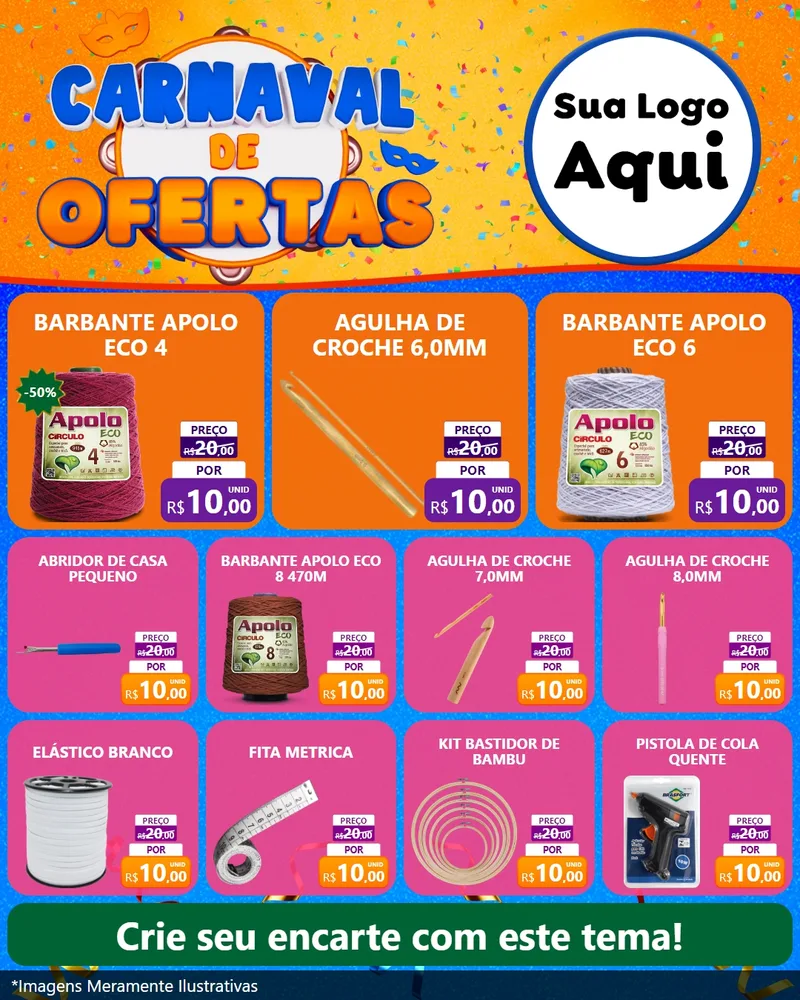 Modelo de Rede Social para Feed Instagram com o tema Carnaval de Ofertas para Armarinho e Aviamentos