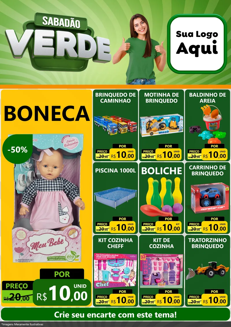 Modelo de Encarte para Encarte A4 Vertical com o tema Sabadão Verde para Brinquedos