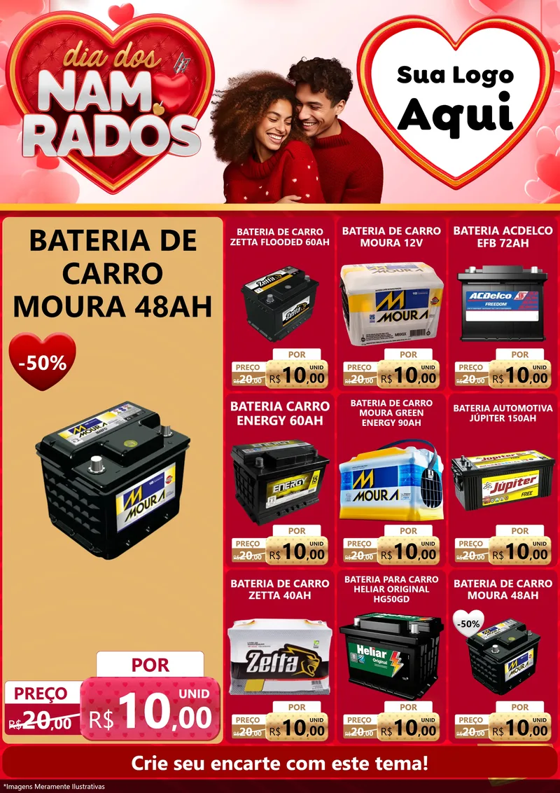 Modelo de Encarte para Encarte A4 Vertical com o tema Dia dos Namorados para Baterias Elétricas