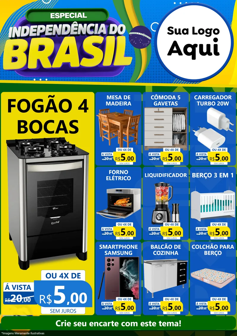 Modelo de Encarte para Encarte A4 Vertical com o tema Especial Independência do Brasil para Móveis e Eletro
