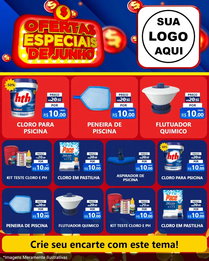 Modelo de Rede Social para Feed Instagram com o tema Ofertas Especiais de Junho para Produtos para Piscina