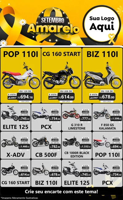 Modelo de Encarte para Encarte Grande com o tema Setembro Amarelo para Concessionaria de Motos