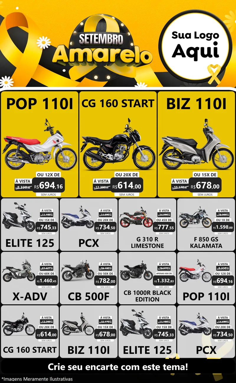 Modelo de Encarte para Encarte Grande com o tema Setembro Amarelo para Concessionaria de Motos