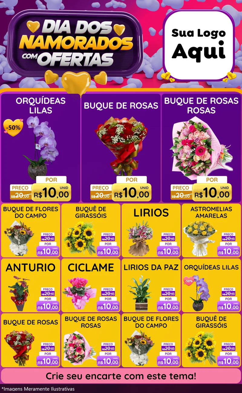 Modelo de Encarte para Encarte Grande com o tema Dia Dos Namorados Com Ofertas para Floricultura e jardim