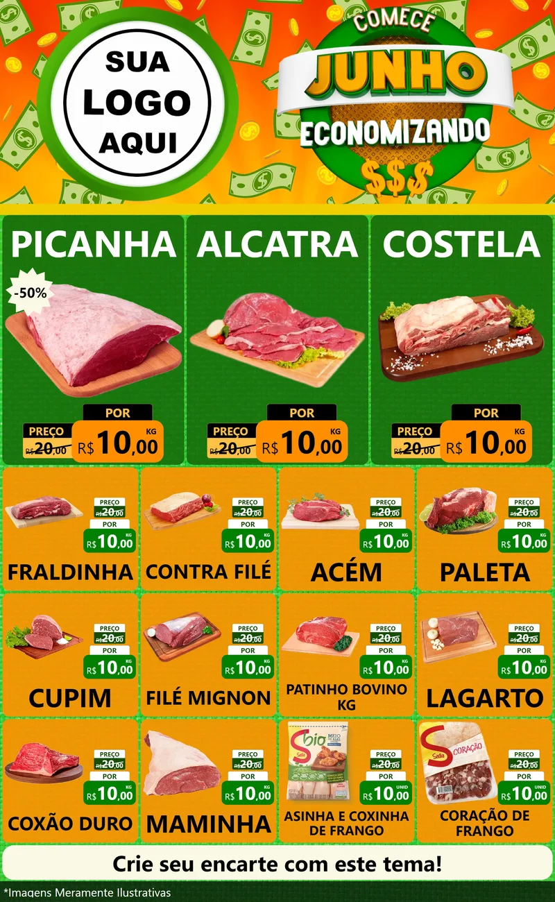 Modelo de Encarte para Encarte Grande com o tema Comece Junho Economizando para Açougue