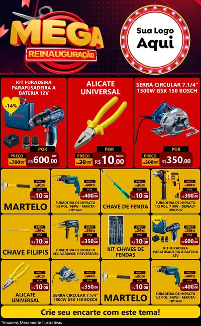 Modelo de Encarte para Encarte Grande com o tema Mega Reinauguração para Maquinas e Ferramentas