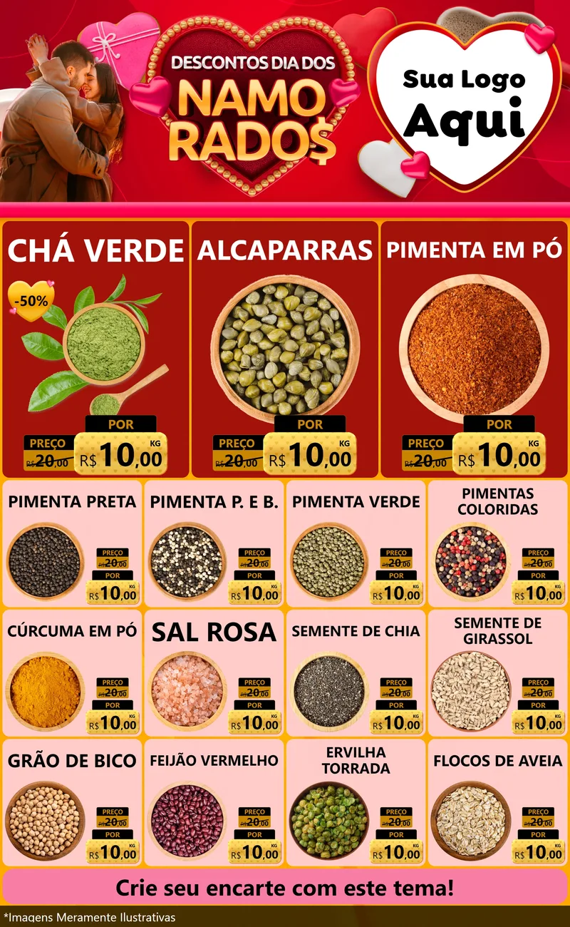 Modelo de Encarte para Encarte Grande com o tema Descontos Dia dos Namorados para Produtos Naturais