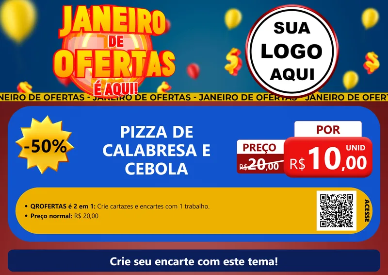 Modelo de Cartaz para Cartaz A4 Horizontal com o tema Janeiro de Ofertas É Aqui! para Pizzaria