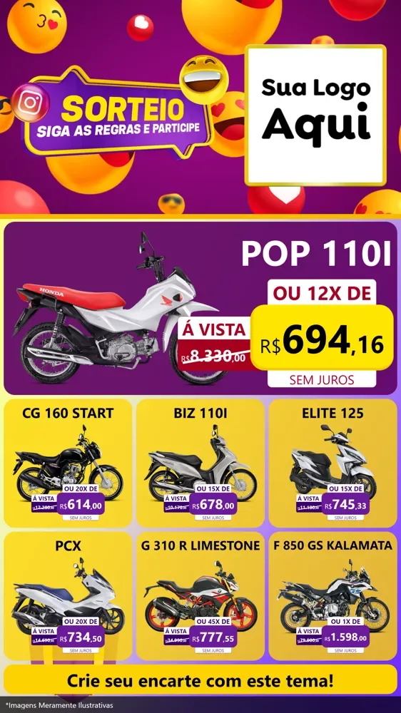 Modelo de Rede Social para Stories com o tema Sorteio para Concessionaria de Motos