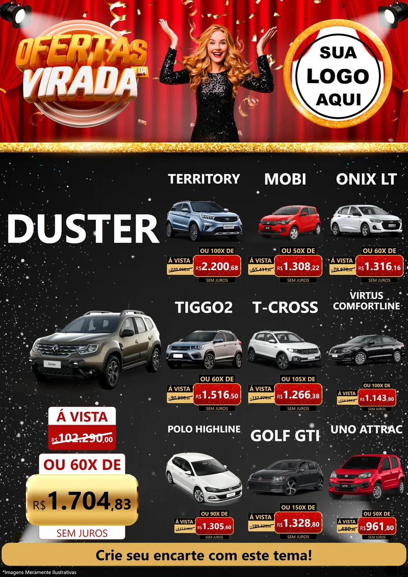 Modelo de Encarte para Encarte A4 Vertical com o tema Ofertas da Virada para Concessionaria de Carros