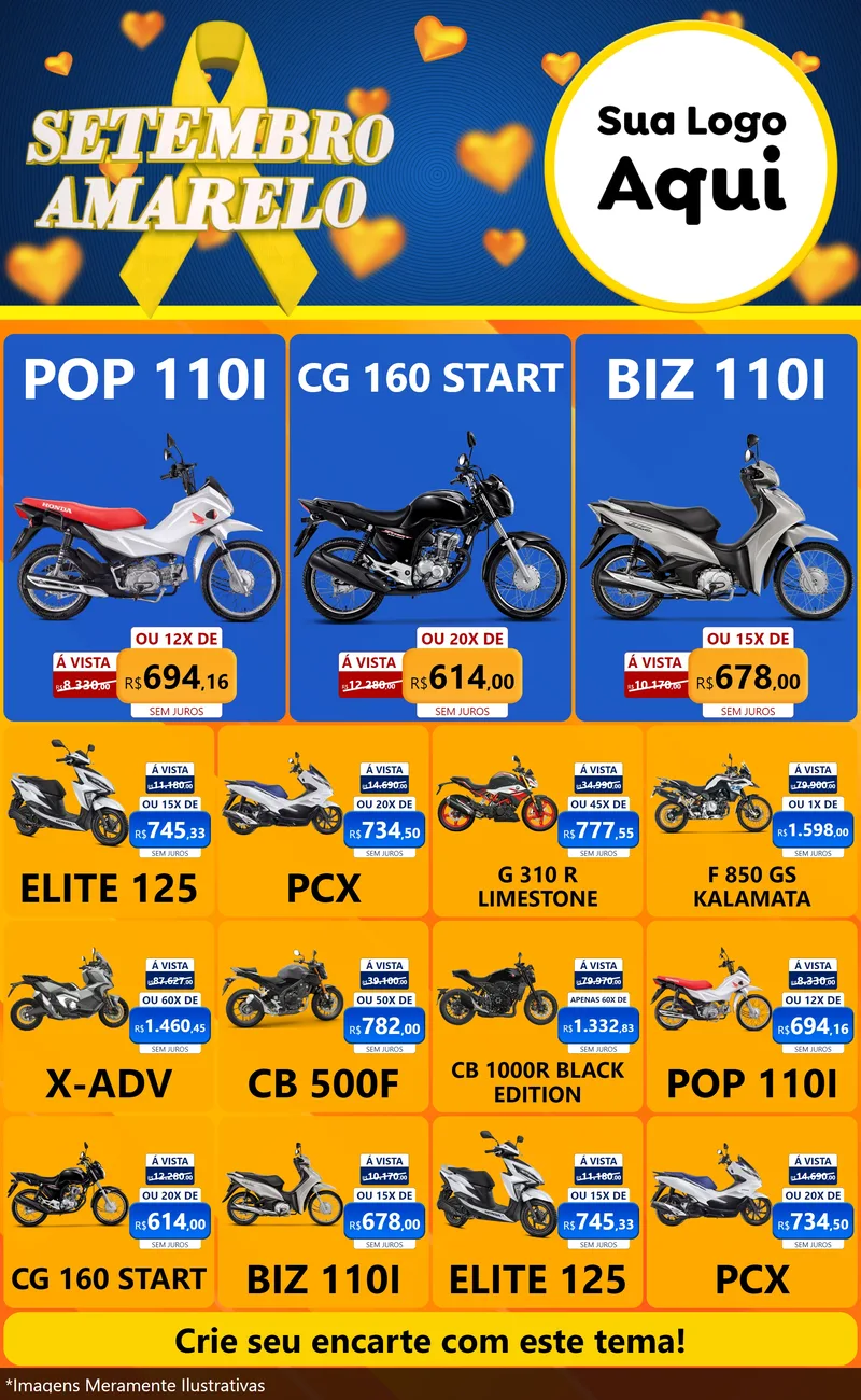 Modelo de Encarte para Encarte Grande com o tema Setembro Amarelo para Concessionaria de Motos