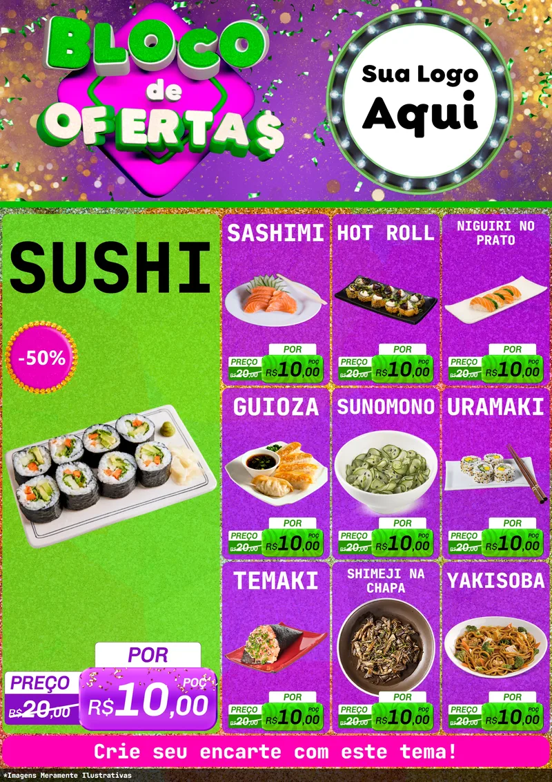Modelo de Encarte para Encarte A4 Vertical com o tema Bloco de Ofertas para Comida japonesa