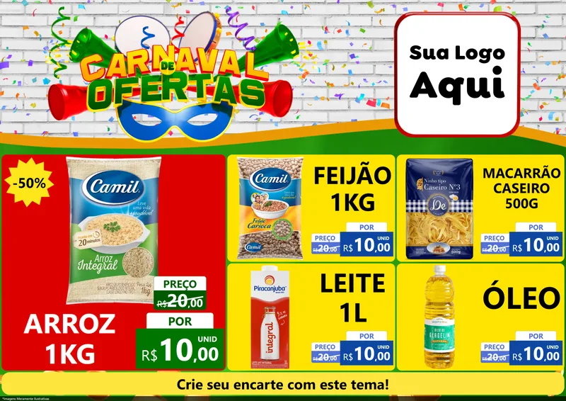Modelo de Encarte para Encarte A4 Horizontal com o tema Carnaval de Ofertas para Supermercado