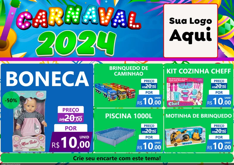 Modelo de Encarte para Encarte A4 Horizontal com o tema Carnaval 2027 para Brinquedos